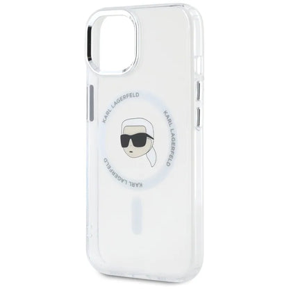 Karl Lagerfeld IML Metal Karl Head MagSafe – dėklas, skirtas iPhone 15 Plus (baltas)