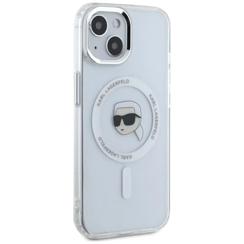 Karl Lagerfeld IML Metal Karl Head MagSafe – dėklas, skirtas iPhone 15 Plus (baltas)
