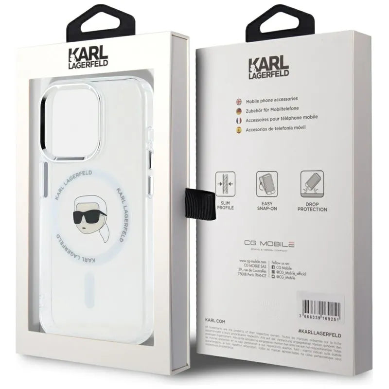 Karl Lagerfeld IML Metal Karl Head MagSafe - dėklas, skirtas iPhone 15 Pro Max (baltas)
