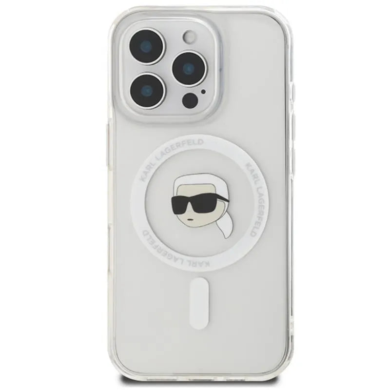 Karl Lagerfeld IML Metal Karl Head MagSafe – dėklas, skirtas iPhone 16 Pro (baltas)