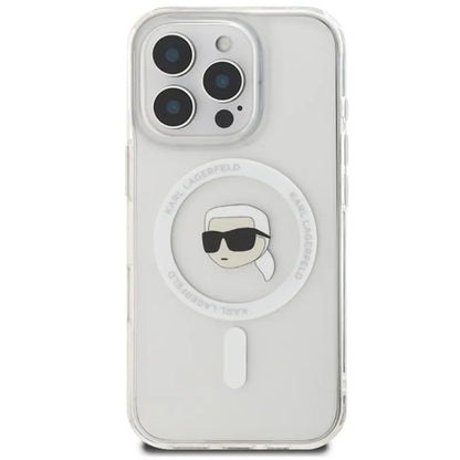 Karl Lagerfeld IML Metal Karl Head MagSafe – dėklas, skirtas iPhone 16 Pro (baltas)