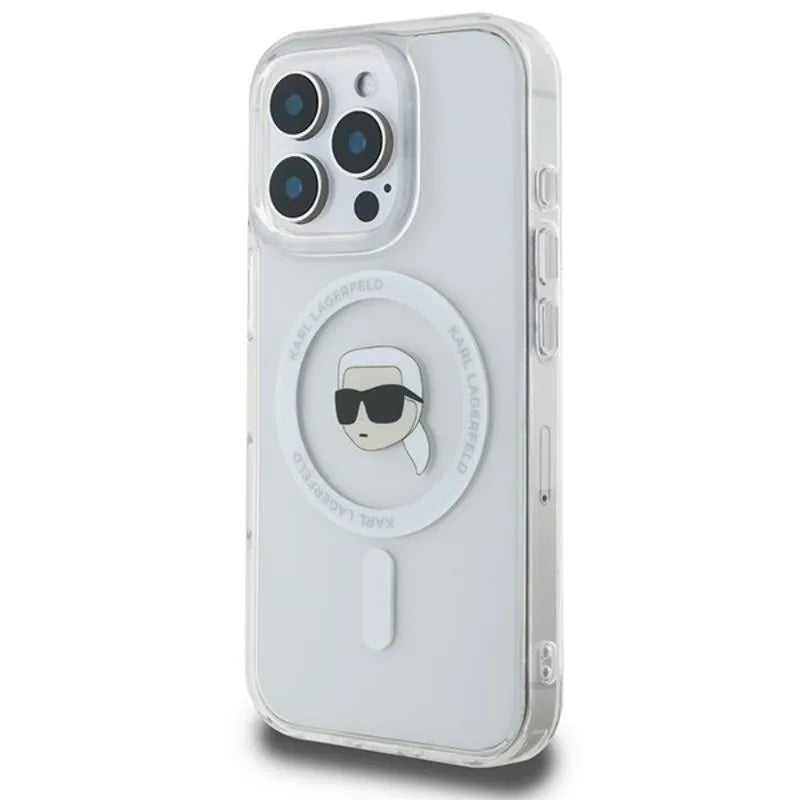 Karl Lagerfeld IML Metal Karl Head MagSafe – dėklas, skirtas iPhone 16 Pro (baltas)