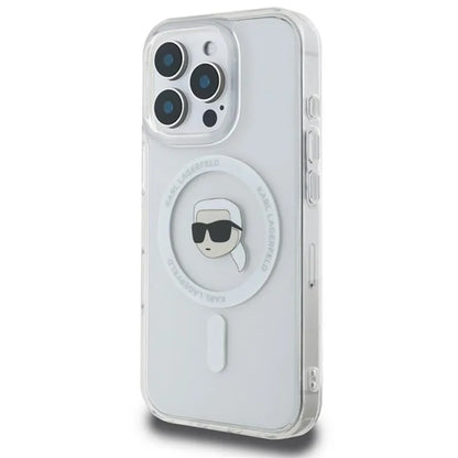 Karl Lagerfeld IML Metal Karl Head MagSafe – dėklas, skirtas iPhone 16 Pro (baltas)
