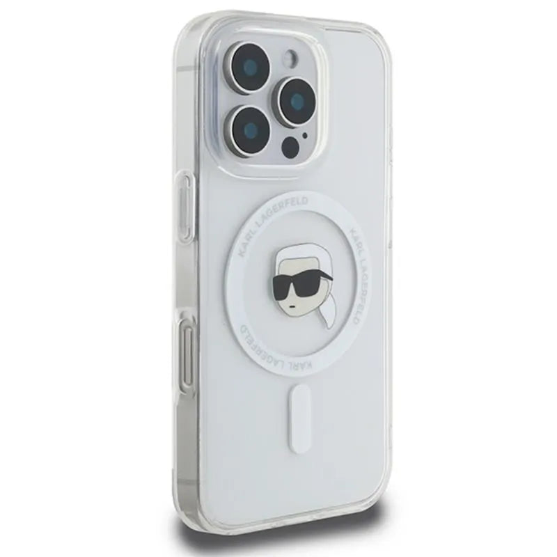 Karl Lagerfeld IML Metal Karl Head MagSafe – dėklas, skirtas iPhone 16 Pro (baltas)