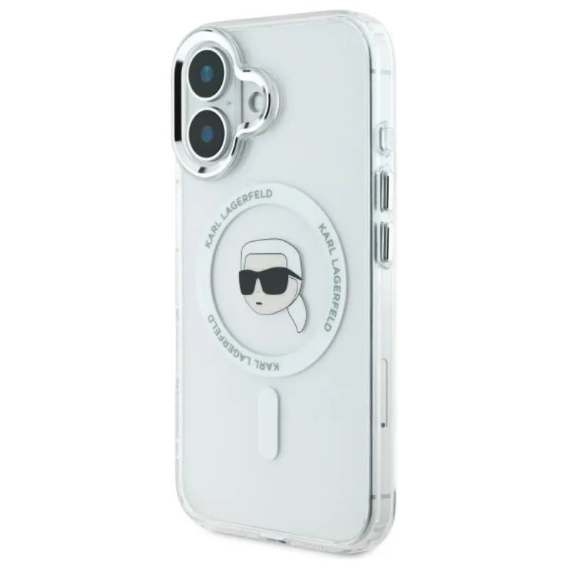 Karl Lagerfeld IML Metal Karl Head MagSafe – „iPhone 16“ dėklas (baltas)
