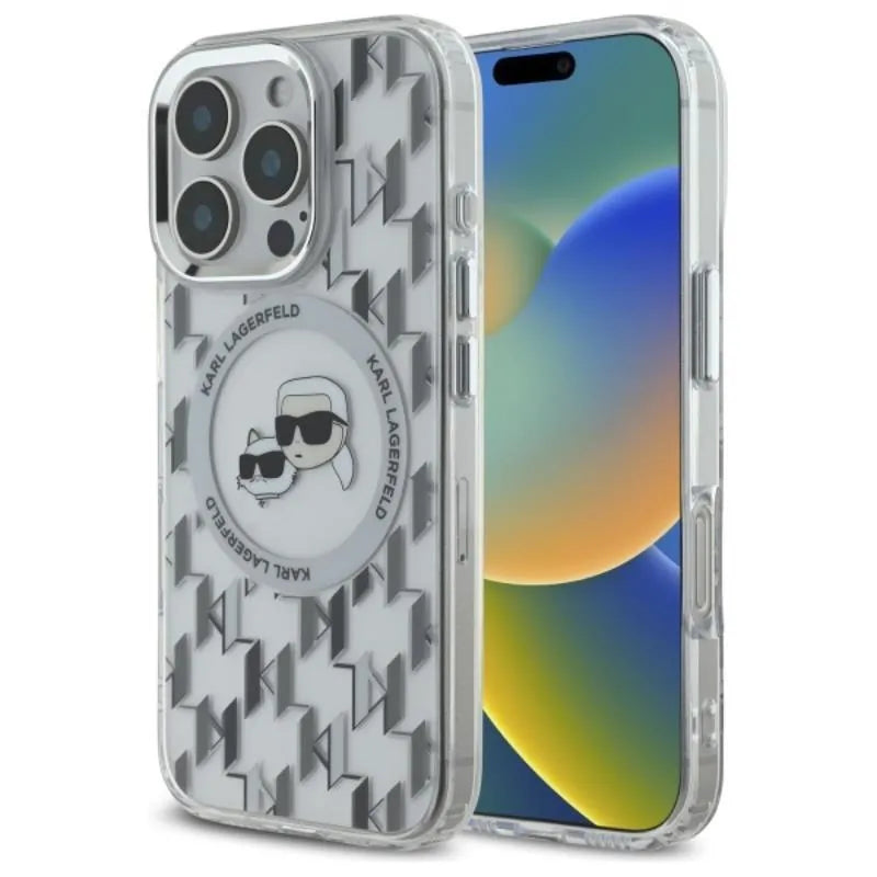 Karl Lagerfeld IML Monogram Karl & Choupette Head MagSafe – dėklas iPhone 16 Pro (skaidrus)