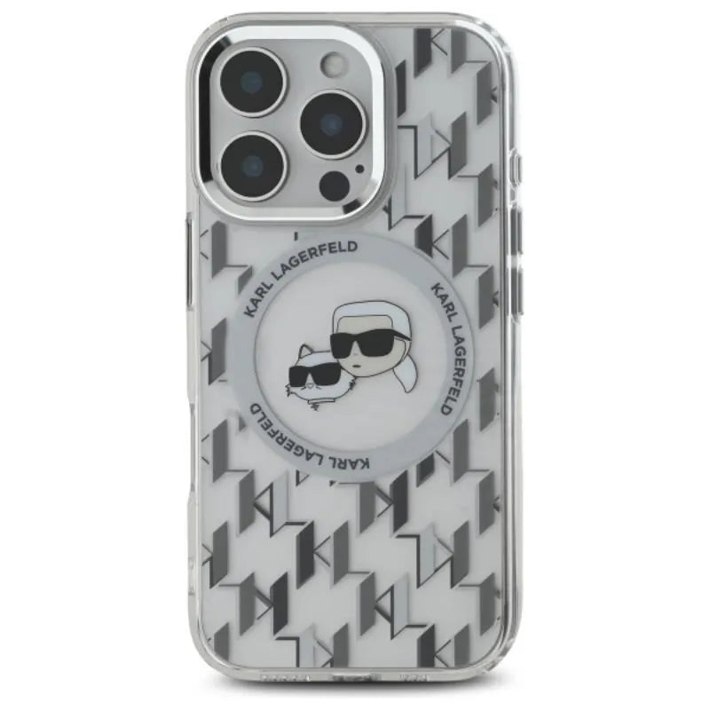 Karl Lagerfeld IML Monogram Karl & Choupette Head MagSafe – dėklas iPhone 16 Pro (skaidrus)