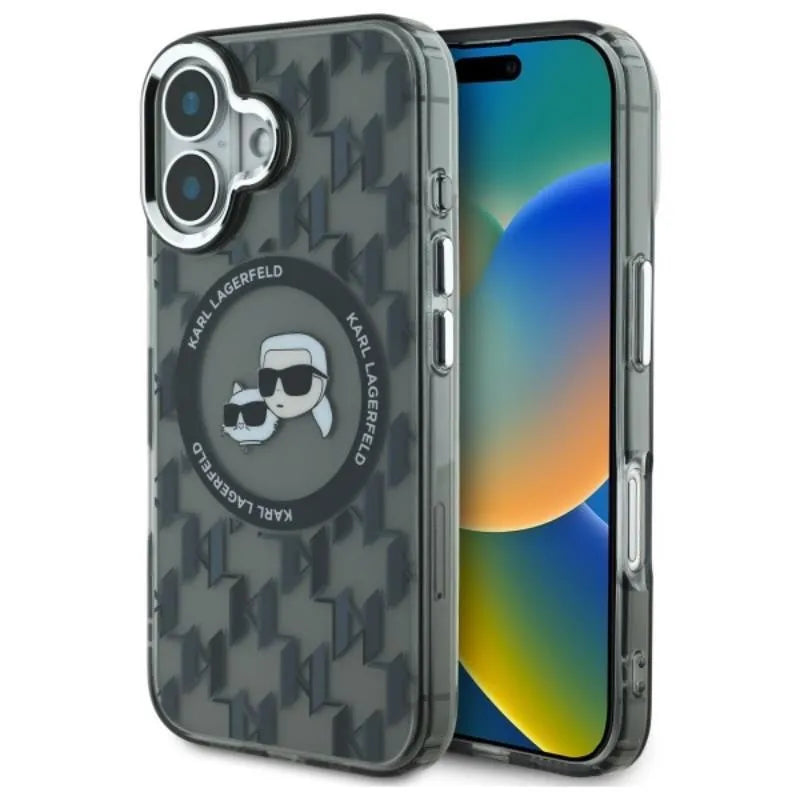 Karl Lagerfeld IML Monogram Karl & Choupette Head MagSafe – dėklas skirtas iPhone 16 (juodas)
