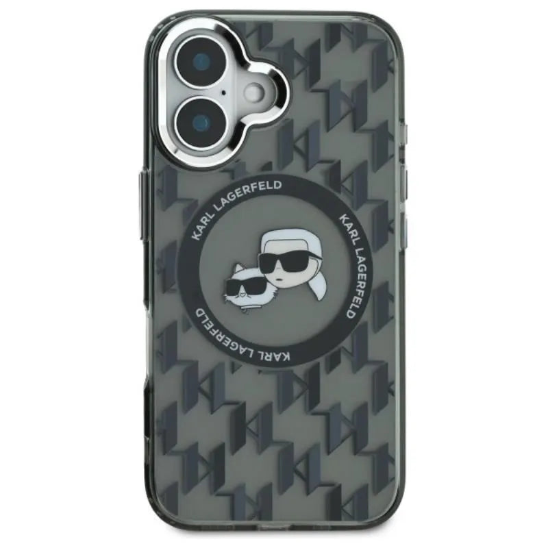 Karl Lagerfeld IML Monogram Karl & Choupette Head MagSafe – dėklas skirtas iPhone 16 (juodas)