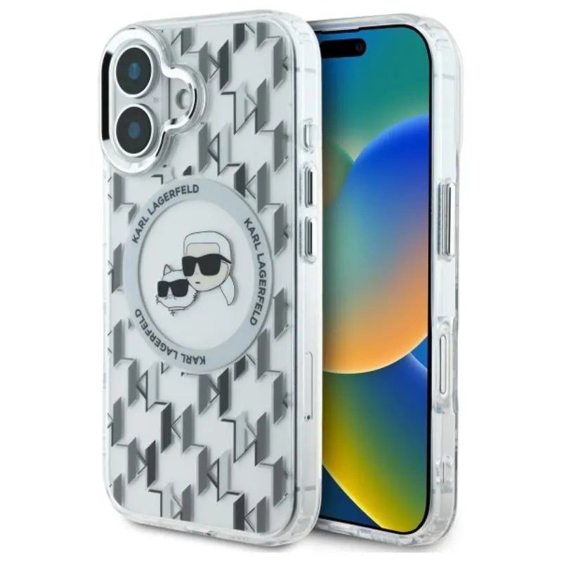 Karl Lagerfeld IML Monogram Karl & Choupette Head MagSafe – dėklas, skirtas iPhone 16 (skaidrus)