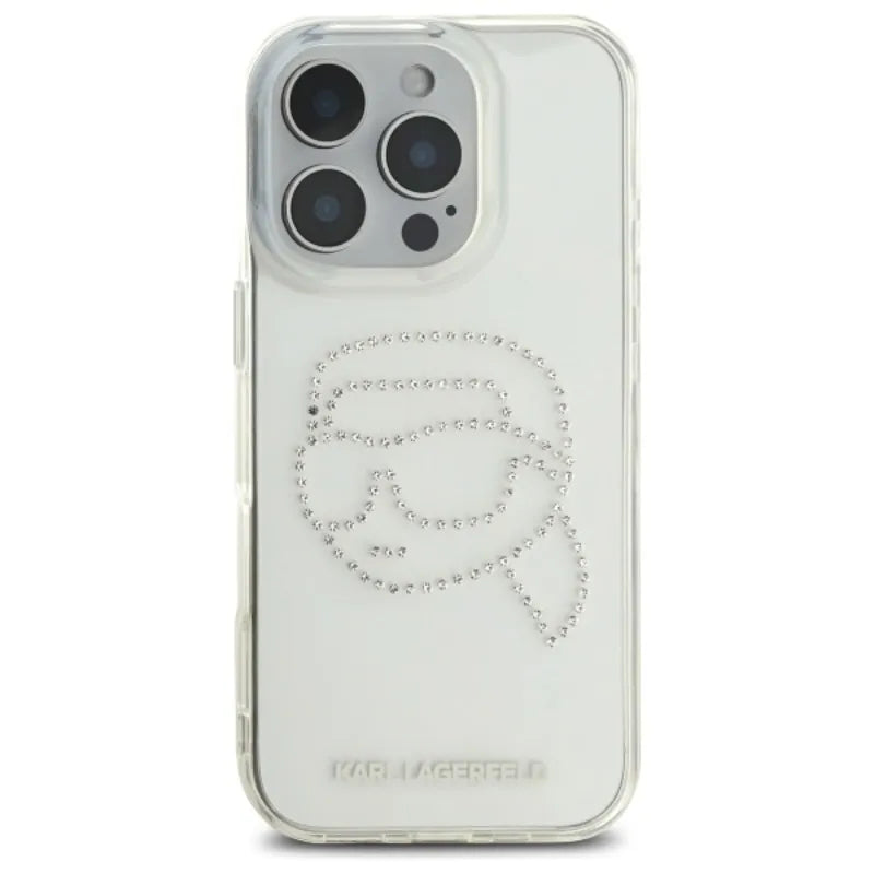 Karl Lagerfeld IML Rhinestones Karl Head – dėklas iPhone 16 Pro (skaidrus)