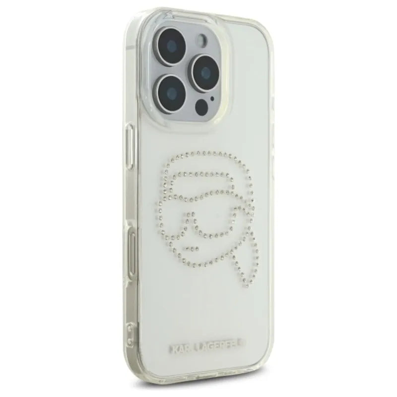 Karl Lagerfeld IML Rhinestones Karl Head – dėklas iPhone 16 Pro (skaidrus)
