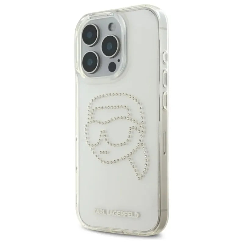 Karl Lagerfeld IML Rhinestones Karl Head – dėklas iPhone 16 Pro (skaidrus)