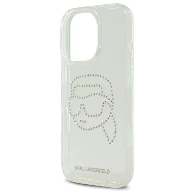 Karl Lagerfeld IML Rhinestones Karl Head – dėklas iPhone 16 Pro (skaidrus)