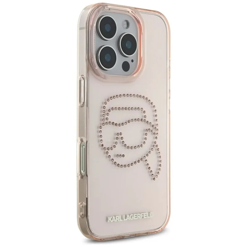 Karl Lagerfeld IML Rhinestones Karl Head – dėklas, skirtas iPhone 16 Pro (rožinis)