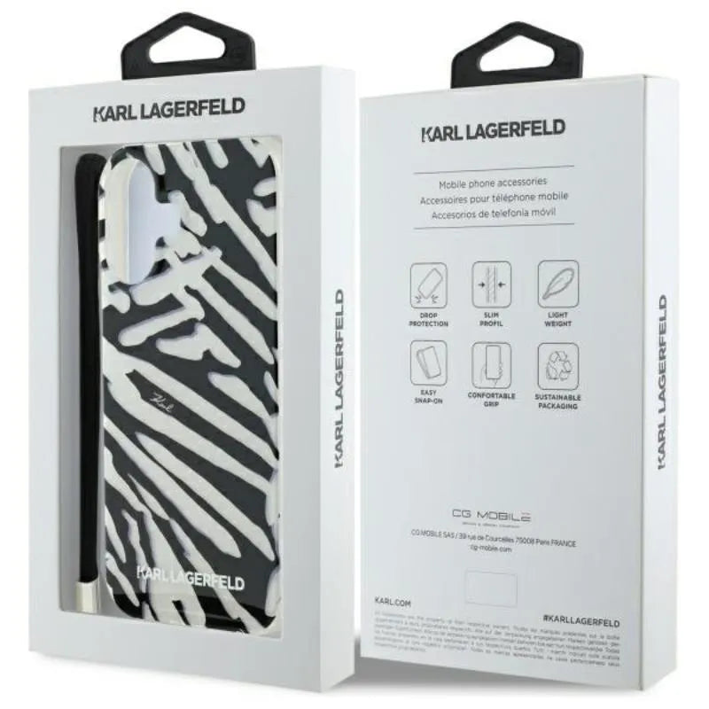 Karl Lagerfeld IML Zebrų raštas ir virvelė – dėklas, skirtas „iPhone 16“ (juodas)