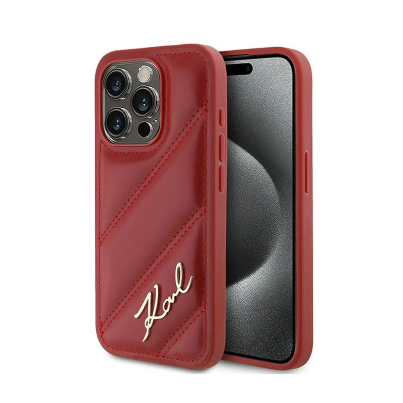 Karl Lagerfeld įstrižai dygsniuotas raštas – dėklas iPhone 15 Pro (raudonas)