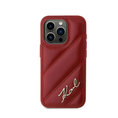 Karl Lagerfeld įstrižai dygsniuotas raštas – dėklas iPhone 15 Pro (raudonas)