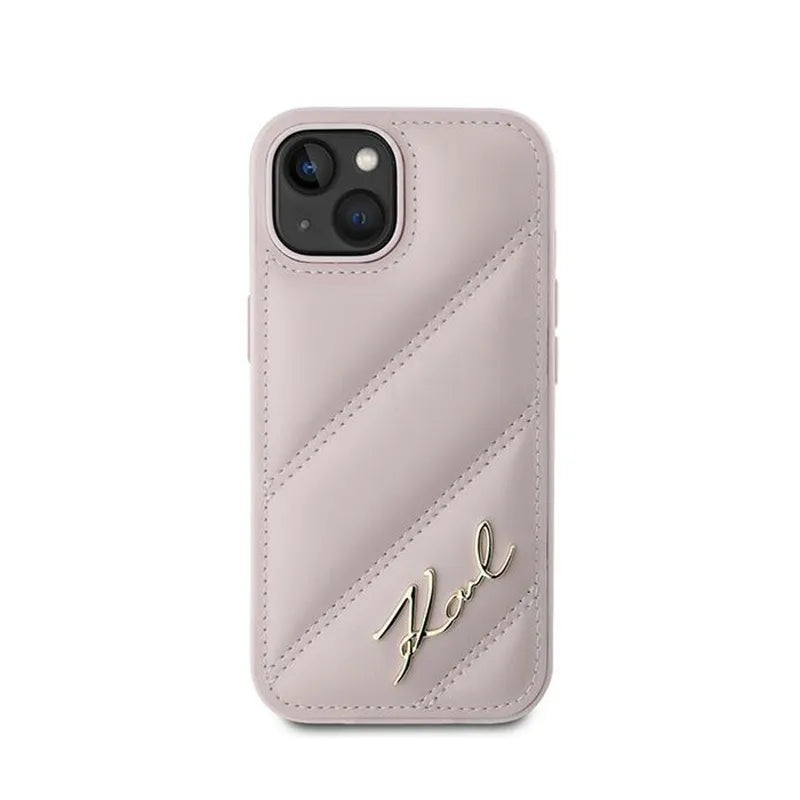 Karl Lagerfeld įstrižai dygsniuotas scenarijus - dėklas skirtas iPhone 15 Plus / 14 Plus (rožinis)