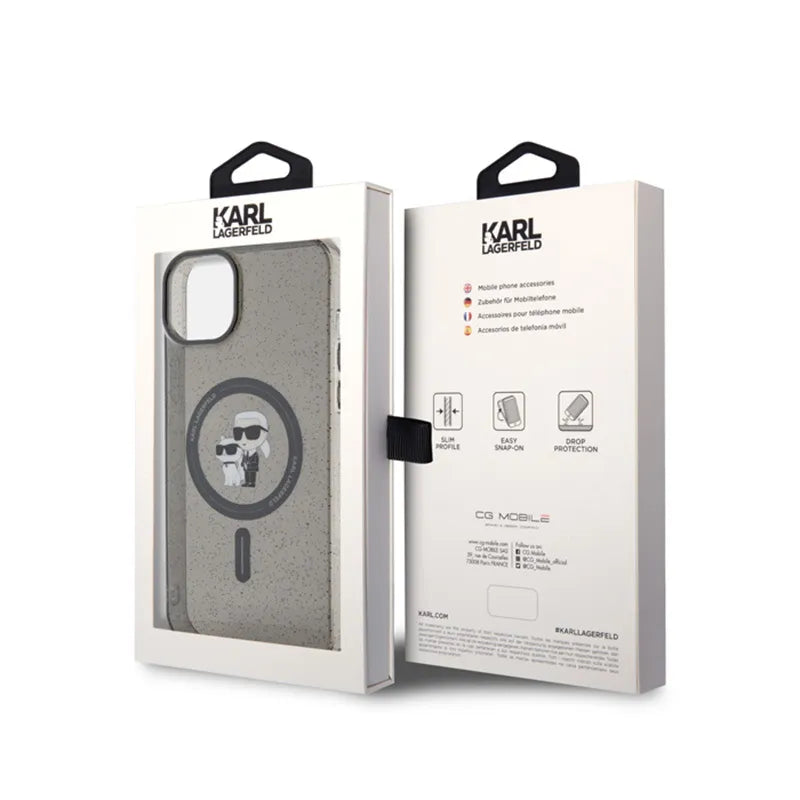 Karl Lagerfeld Karl & Choupette Glitter Magsafe – dėklas, skirtas „iPhone 15 Plus“ (juodas)