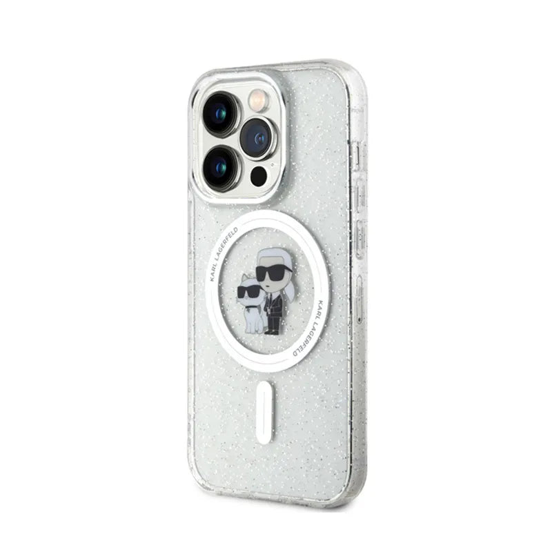 Karl Lagerfeld Karl & Choupette Glitter Magsafe – dėklas skirtas iPhone 15 Pro (permatomas)