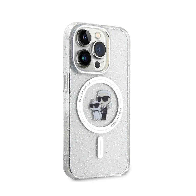 Karl Lagerfeld Karl & Choupette Glitter Magsafe – dėklas skirtas iPhone 15 Pro (permatomas)
