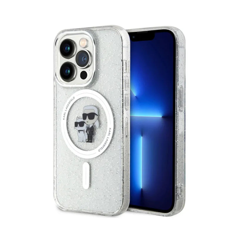 Karl Lagerfeld Karl & Choupette Glitter Magsafe – dėklas skirtas iPhone 15 Pro (permatomas)