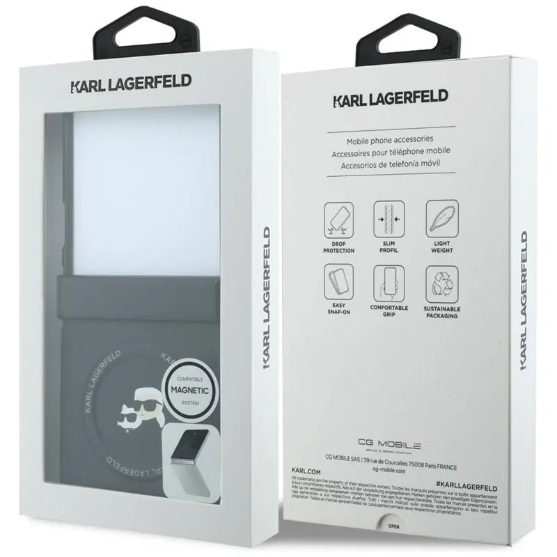 Karl Lagerfeld Karl & Choupette Pins MagSafe dėklas Samsung Galaxy Z Flip 8 (juodas)