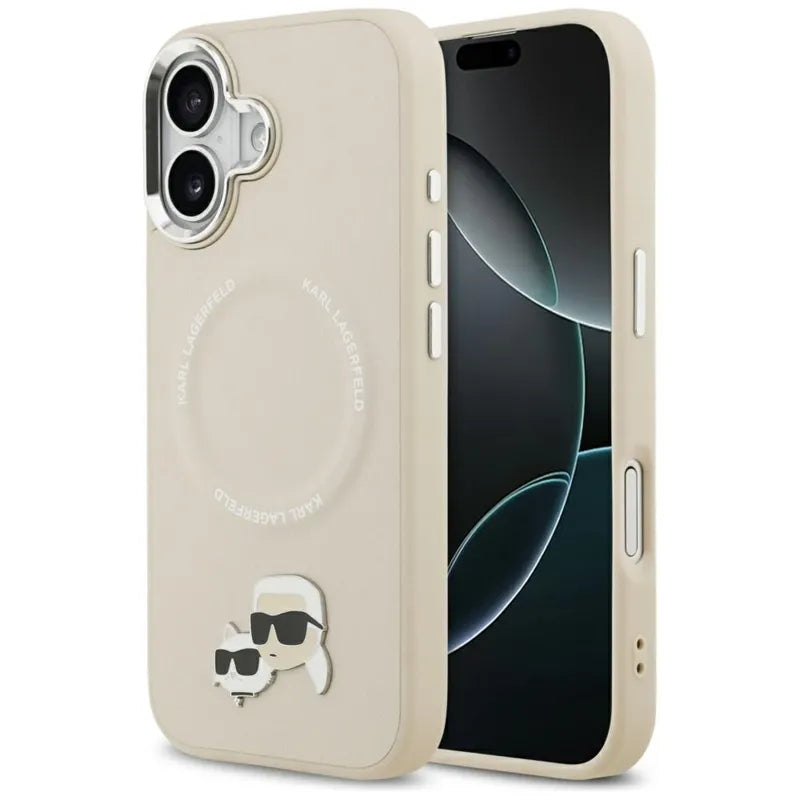 Karl Lagerfeld Karl & Choupette Pins MagSafe dėklas, skirtas iPhone 17 (smėlio spalvos)