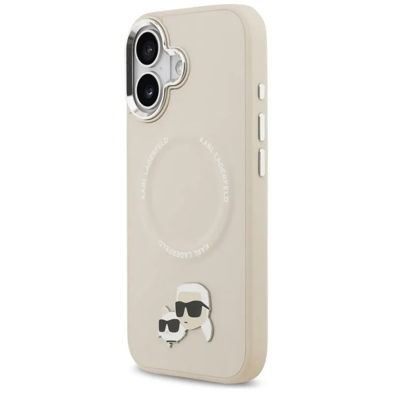 Karl Lagerfeld Karl & Choupette Pins MagSafe dėklas, skirtas iPhone 17 (smėlio spalvos)
