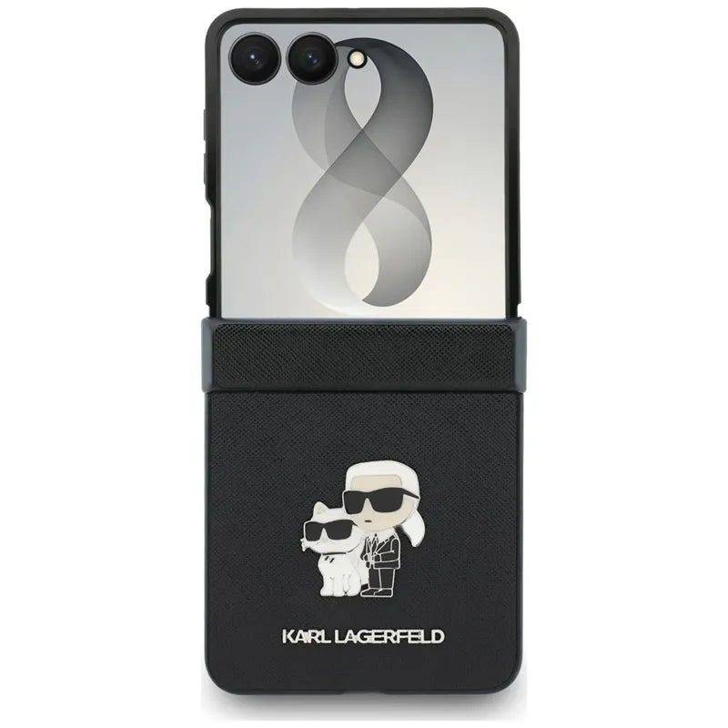 Karl Lagerfeld Karl & Choupette Saffiano Pins – dėklas Samsung Galaxy Z Flip 8 telefonui (juodas)