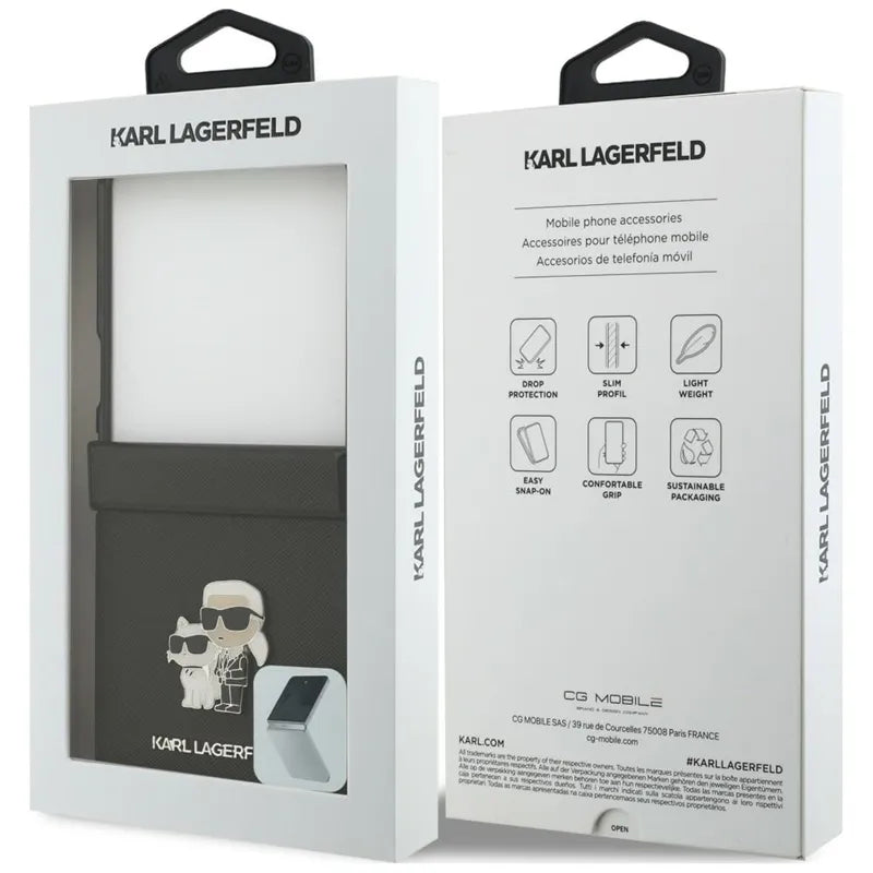 Karl Lagerfeld Karl & Choupette Saffiano Pins – dėklas Samsung Galaxy Z Flip 8 telefonui (juodas)