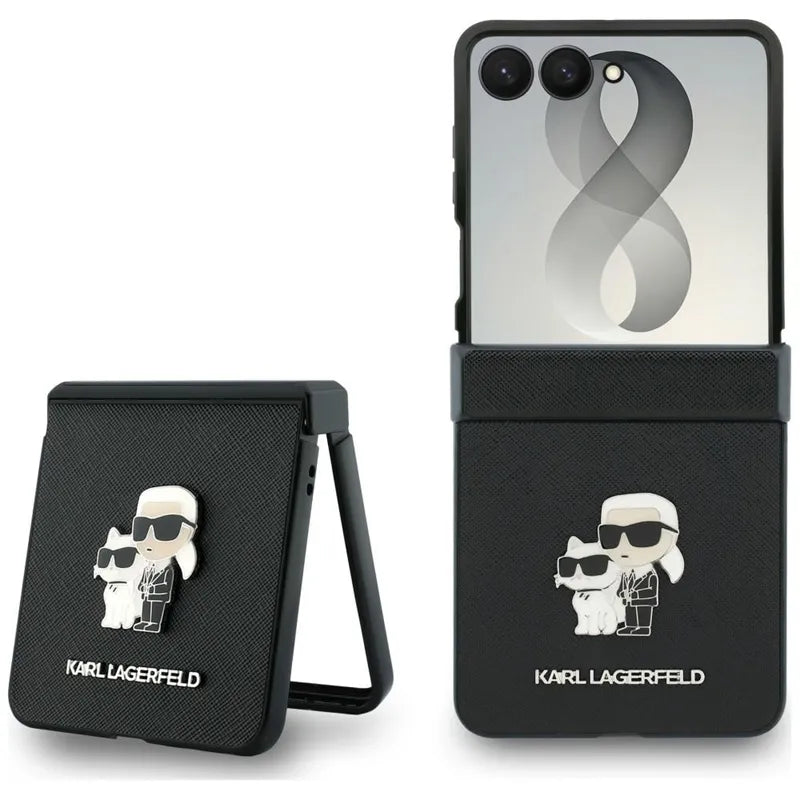 Karl Lagerfeld Karl & Choupette Saffiano Pins – dėklas Samsung Galaxy Z Flip 8 telefonui (juodas)
