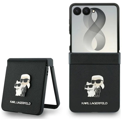 Karl Lagerfeld Karl & Choupette Saffiano Pins – dėklas Samsung Galaxy Z Flip 8 telefonui (juodas)