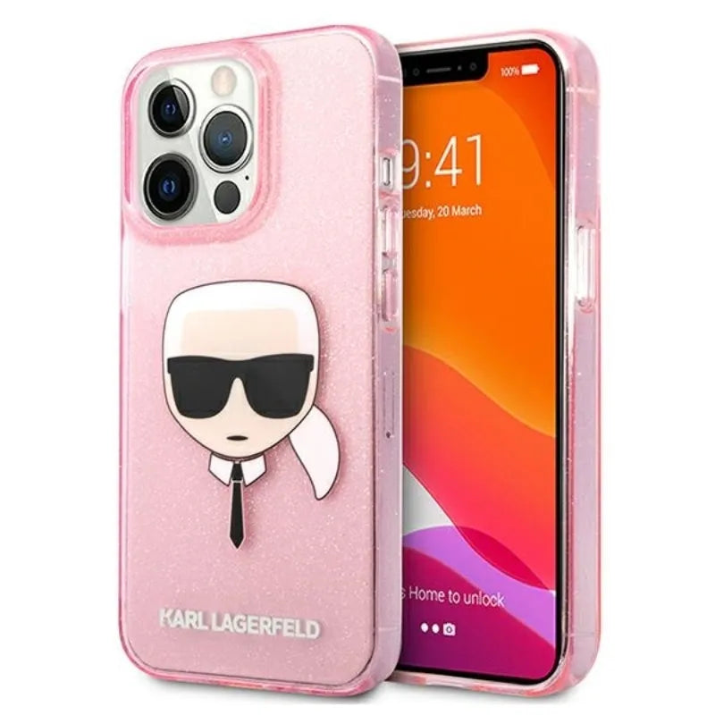 Karl Lagerfeld Karl’o galvos blizgučių dėklas, skirtas „iPhone 13 Pro Max“ (rožinis)