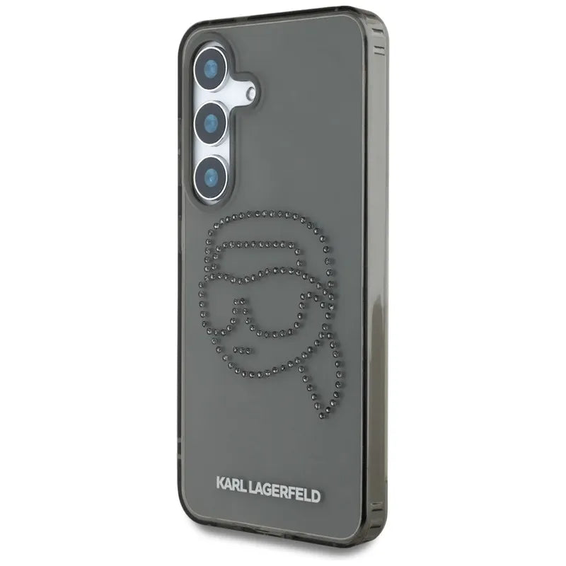 Karl Lagerfeld Karlo galvos logotipas su kalnų krištolais – Dėklas, skirtas Samsung Galaxy S25 (Juoda)