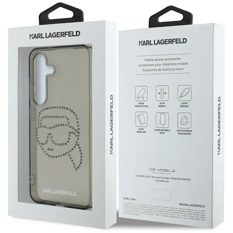 Karl Lagerfeld Karlo galvos logotipas su kalnų krištolais – Dėklas, skirtas Samsung Galaxy S25 (Juoda)