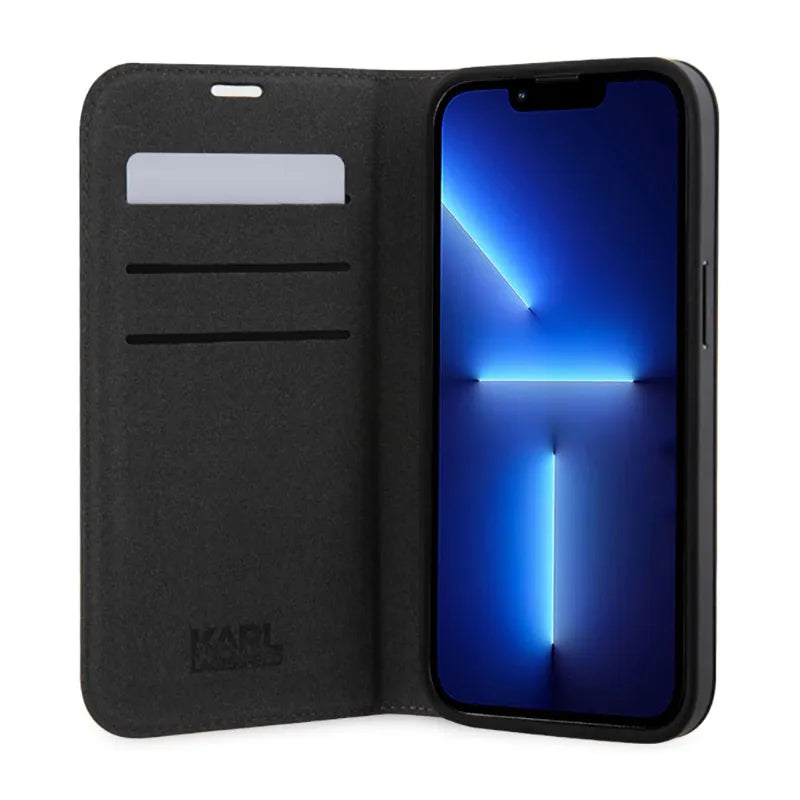 Karl Lagerfeld Knygutės tipo NFT Saffiano Karl & Choupette – Dėklas, skirtas iPhone 14 Pro Max (Sidabrinis)
