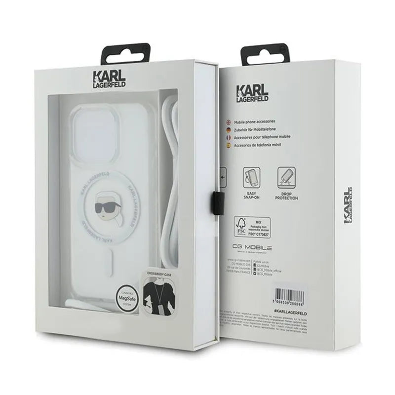 Karl Lagerfeld krepšys per petį IML Karl Head MagSafe – „iPhone 15 Pro Max“ dėklas (permatomas)