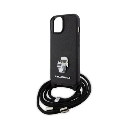 Karl Lagerfeld krepšys per petį Saffiano Metal Pin Karl & Choupette – dėklas, skirtas „iPhone 15“ (juodas)