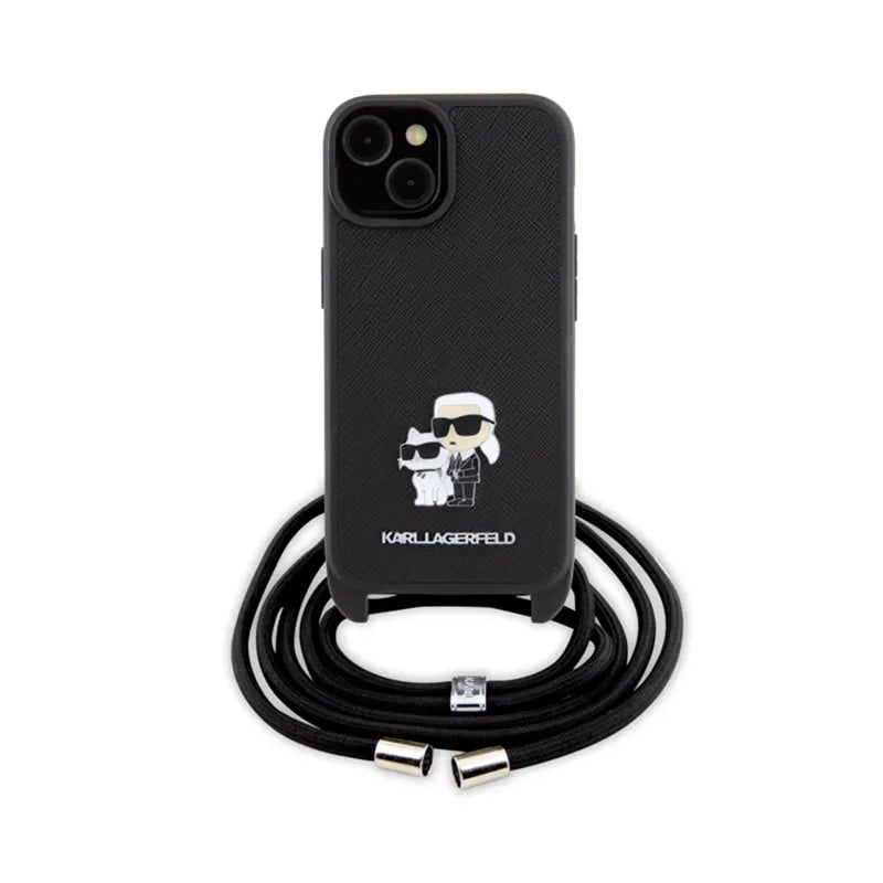 Karl Lagerfeld krepšys per petį Saffiano Metal Pin Karl & Choupette – dėklas, skirtas „iPhone 15“ (juodas)