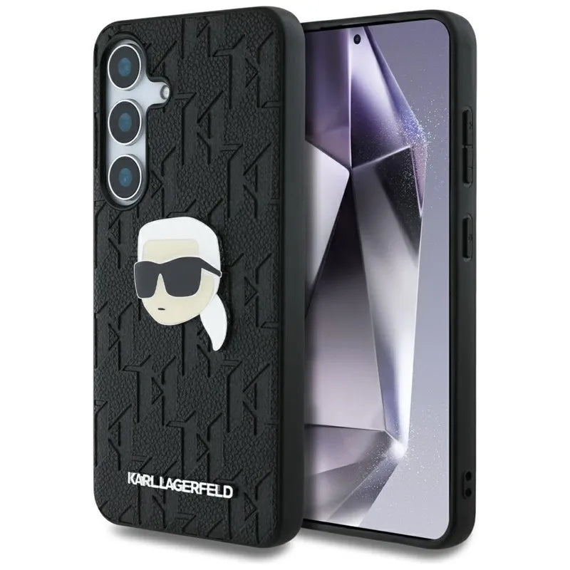 Karl Lagerfeld Leather Monogram Pin Logo Karl Head - dėklas Samsung Galaxy S25 (juodas)