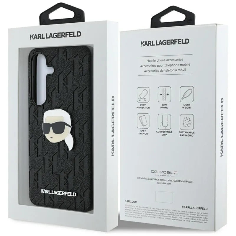 Karl Lagerfeld Leather Monogram Pin Logo Karl Head - dėklas Samsung Galaxy S25 (juodas)