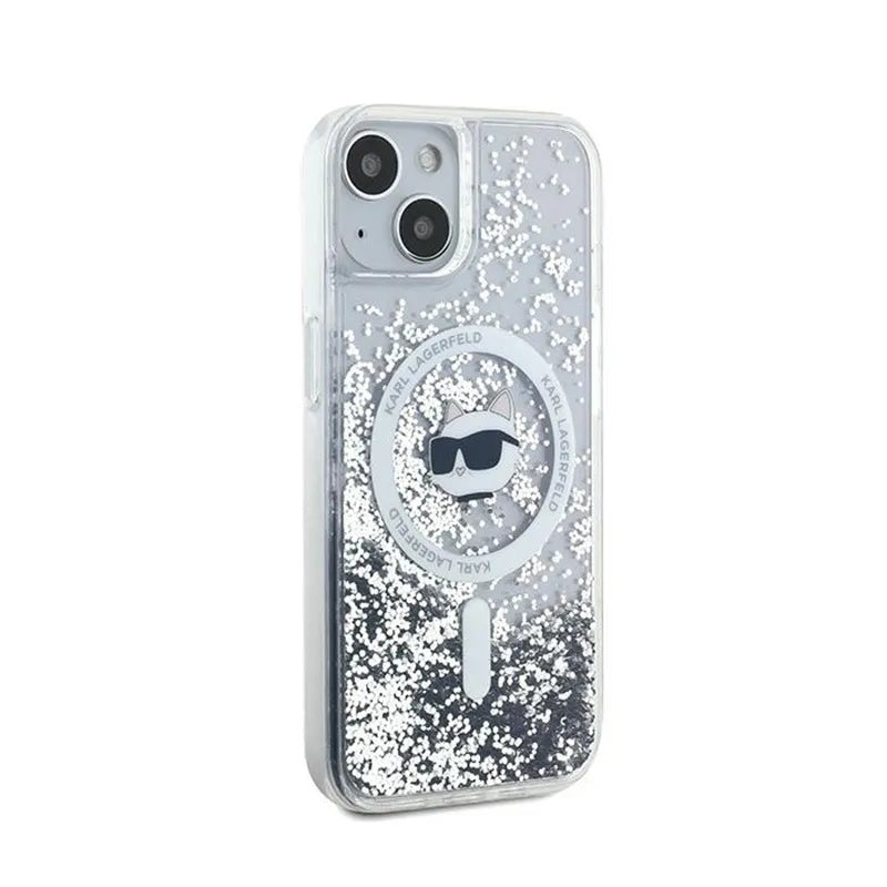 Karl Lagerfeld Liquid Glitter Choupette Head MagSafe – dėklas, skirtas iPhone 15 / 14 / 13 (permatomas)