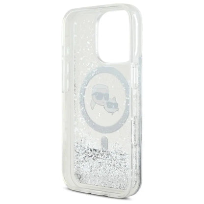 Karl Lagerfeld Liquid Glitter dėklas su Karl & Choupette galvutės motyvu ir MagSafe, iPhone 16 Pro Max (skaidrus)