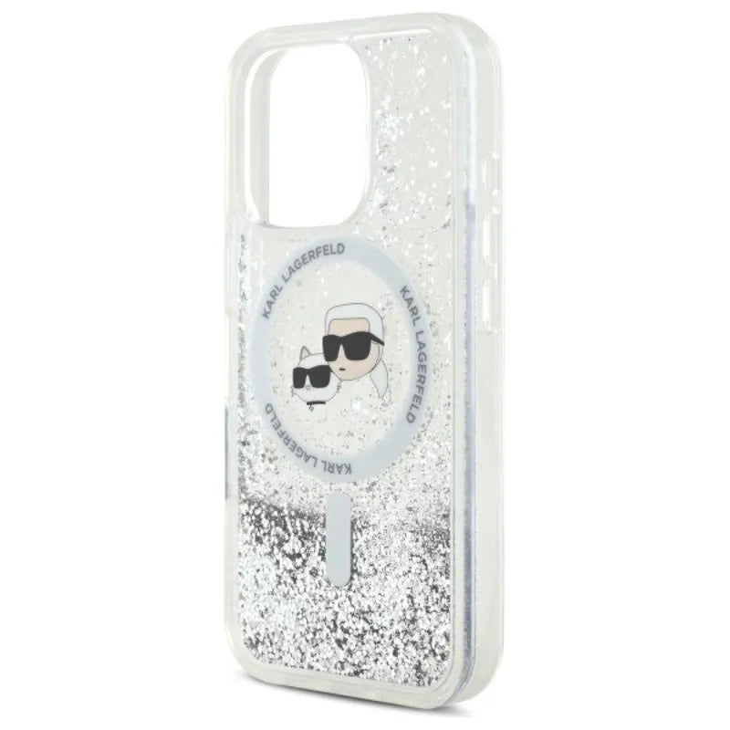 Karl Lagerfeld Liquid Glitter dėklas su Karl & Choupette galvutės motyvu ir MagSafe, iPhone 16 Pro Max (skaidrus)