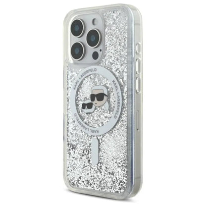 Karl Lagerfeld Liquid Glitter dėklas su Karl & Choupette galvutės motyvu ir MagSafe, iPhone 16 Pro Max (skaidrus)