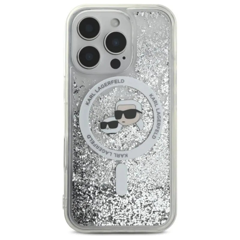 Karl Lagerfeld Liquid Glitter dėklas su Karl & Choupette galvutės motyvu ir MagSafe, iPhone 16 Pro Max (skaidrus)