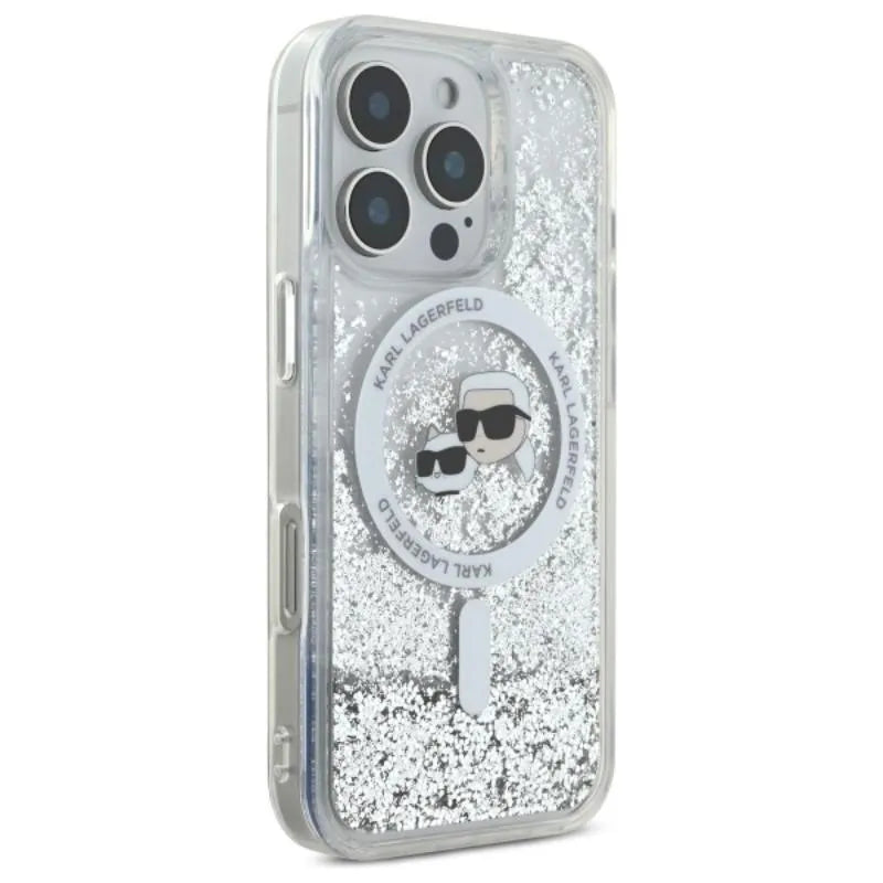 Karl Lagerfeld Liquid Glitter dėklas su Karl & Choupette galvutės motyvu ir MagSafe, iPhone 16 Pro Max (skaidrus)