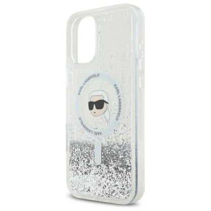 Karl Lagerfeld Liquid Glitter Karl Head MagSafe – dėklas iPhone 16 (skaidrus)